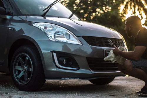 washing car, car wash, windshield wipers, suzuki, gray car, license plate